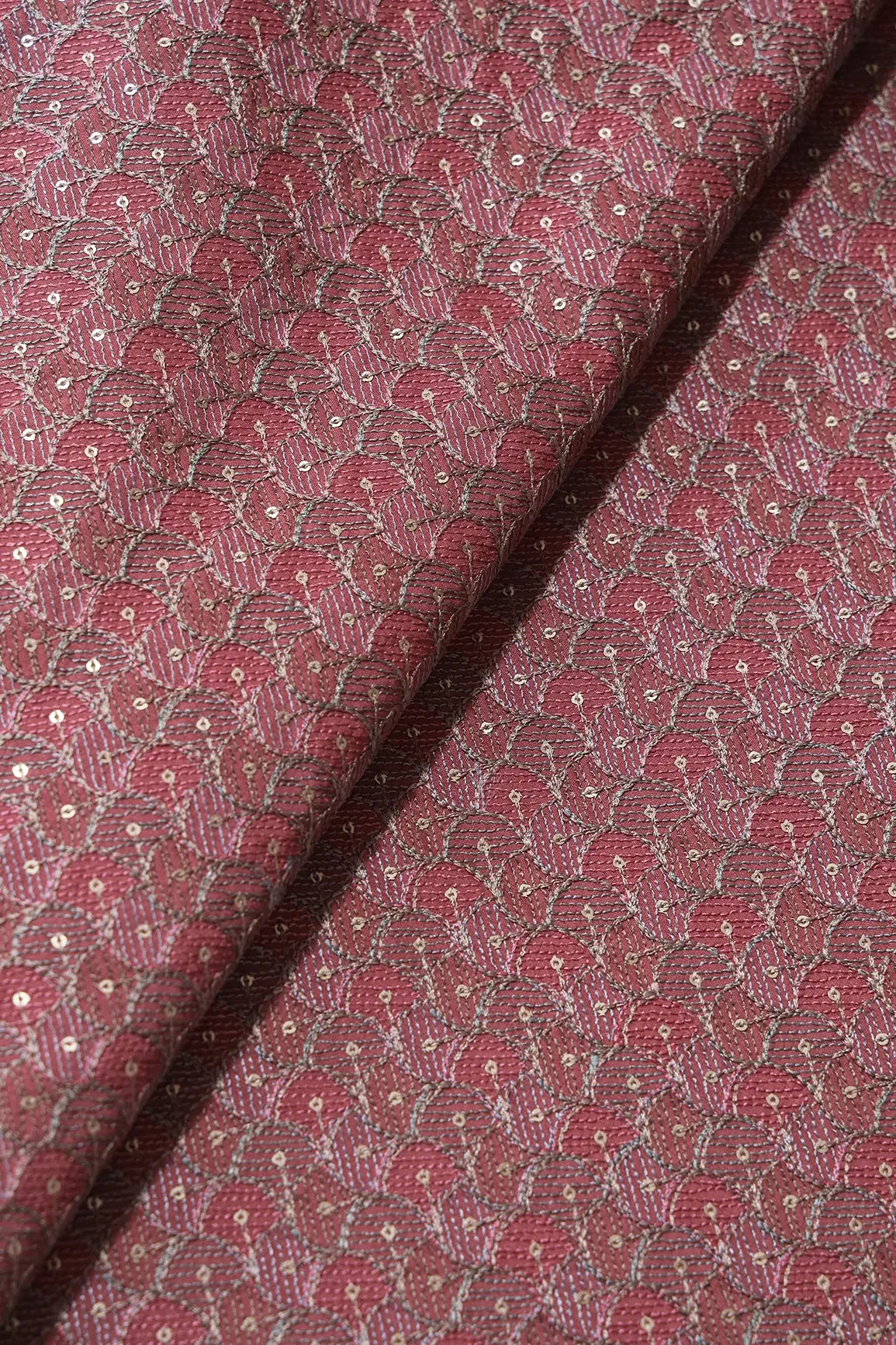 Pastel Thread With Gold Sequins Ogee Embroidery Work On Off Rust Raw Silk Fabric