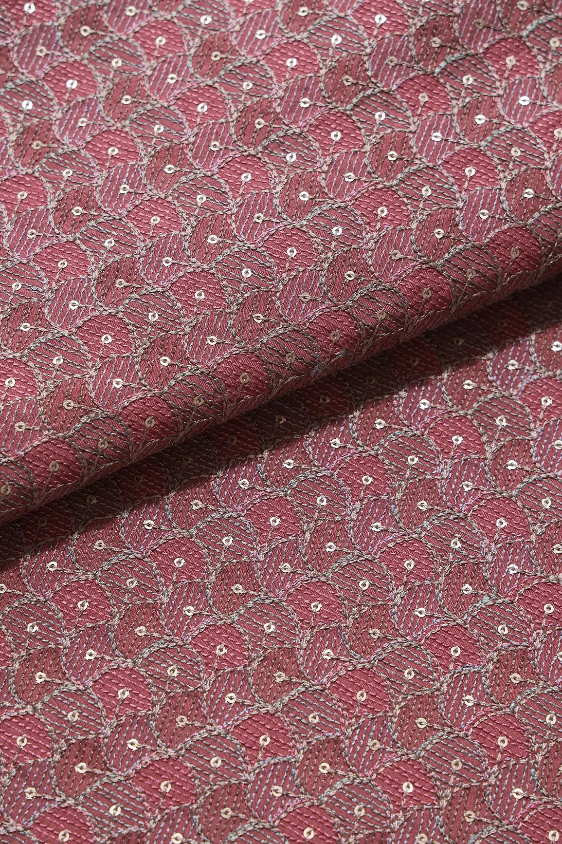 Pastel Thread With Gold Sequins Ogee Embroidery Work On Off Rust Raw Silk Fabric