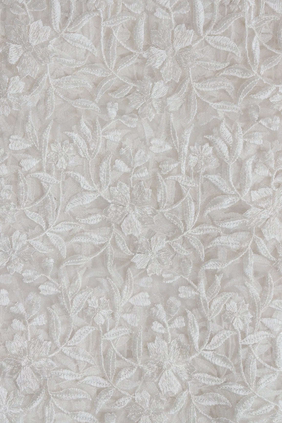 White Thread With Sequins Floral Heavy Embroidery On White Dyeable Soft Net Fabric