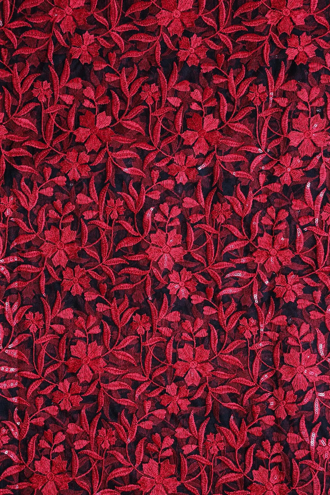 Red Thread With Sequins Floral Heavy Embroidery On Red Soft Net Fabric