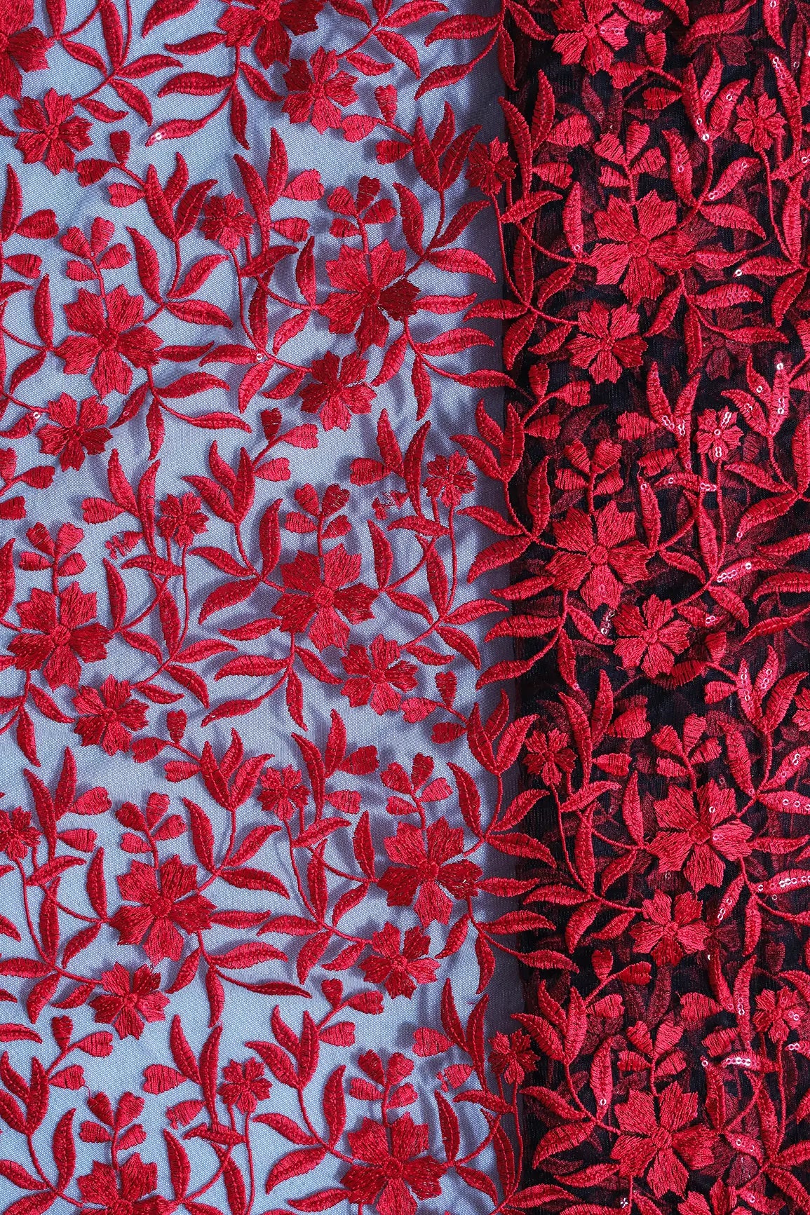 Red Thread With Sequins Floral Heavy Embroidery On Red Soft Net Fabric