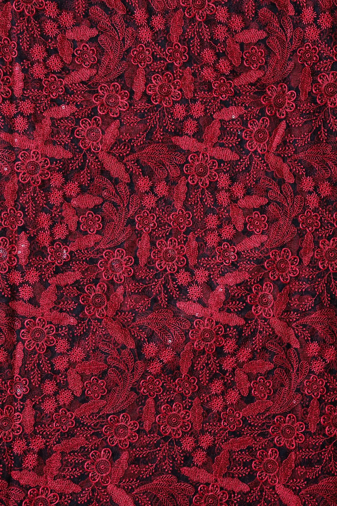 Red Thread With Sequins Floral Embroidery On Black Soft Net Fabric