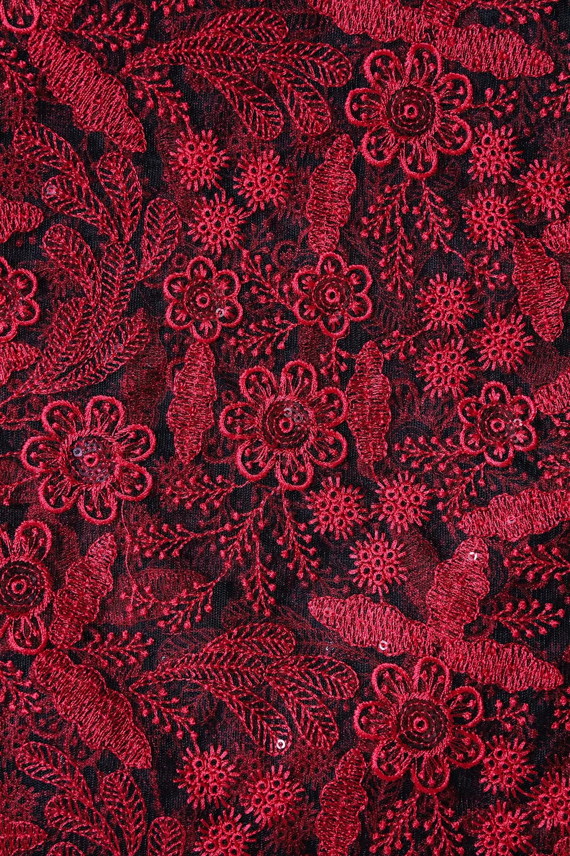 Red Thread With Sequins Floral Embroidery On Black Soft Net Fabric