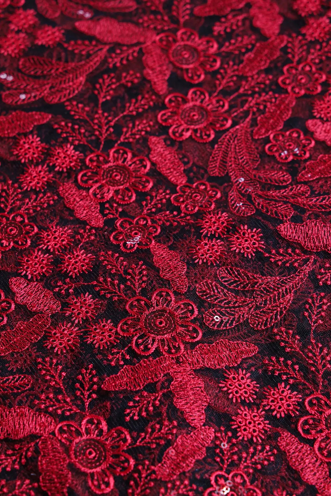 Red Thread With Sequins Floral Embroidery On Black Soft Net Fabric