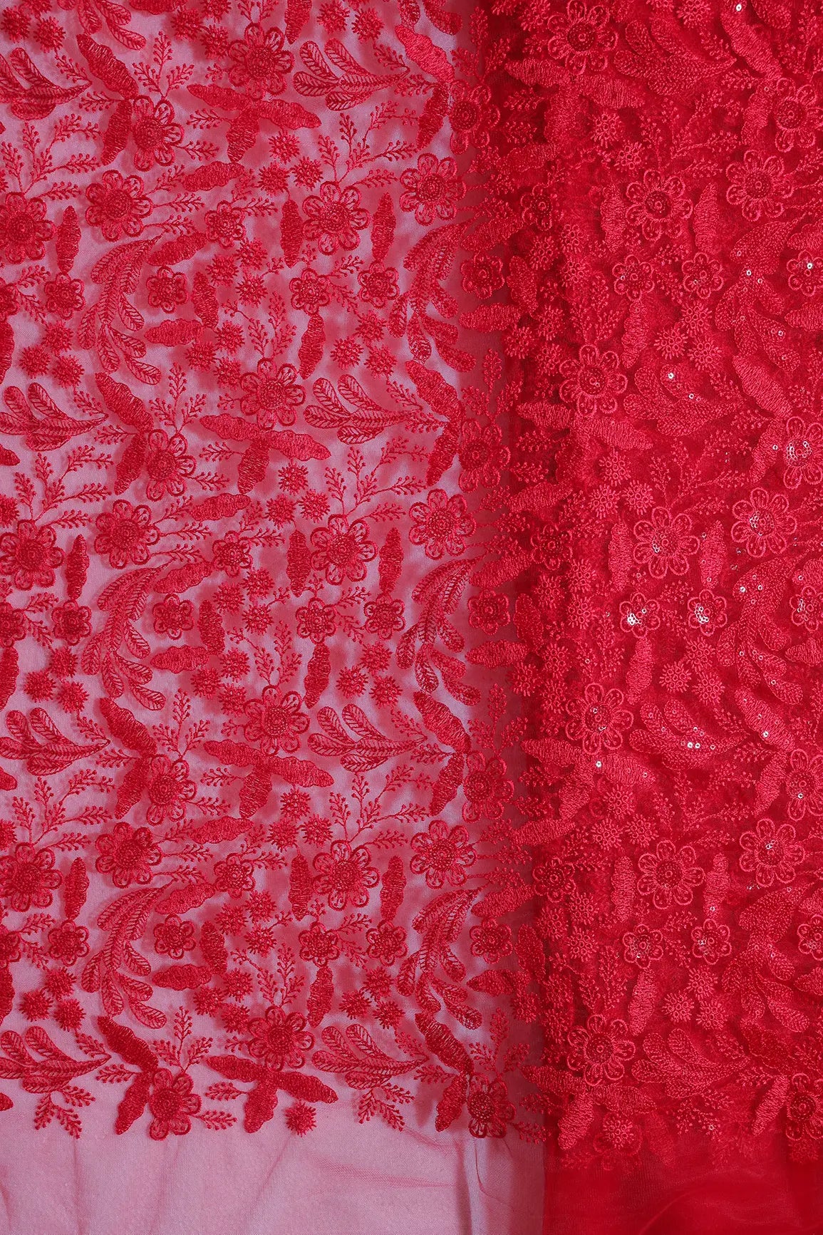 Red Thread With Sequins Floral Embroidery On Red Soft Net Fabric