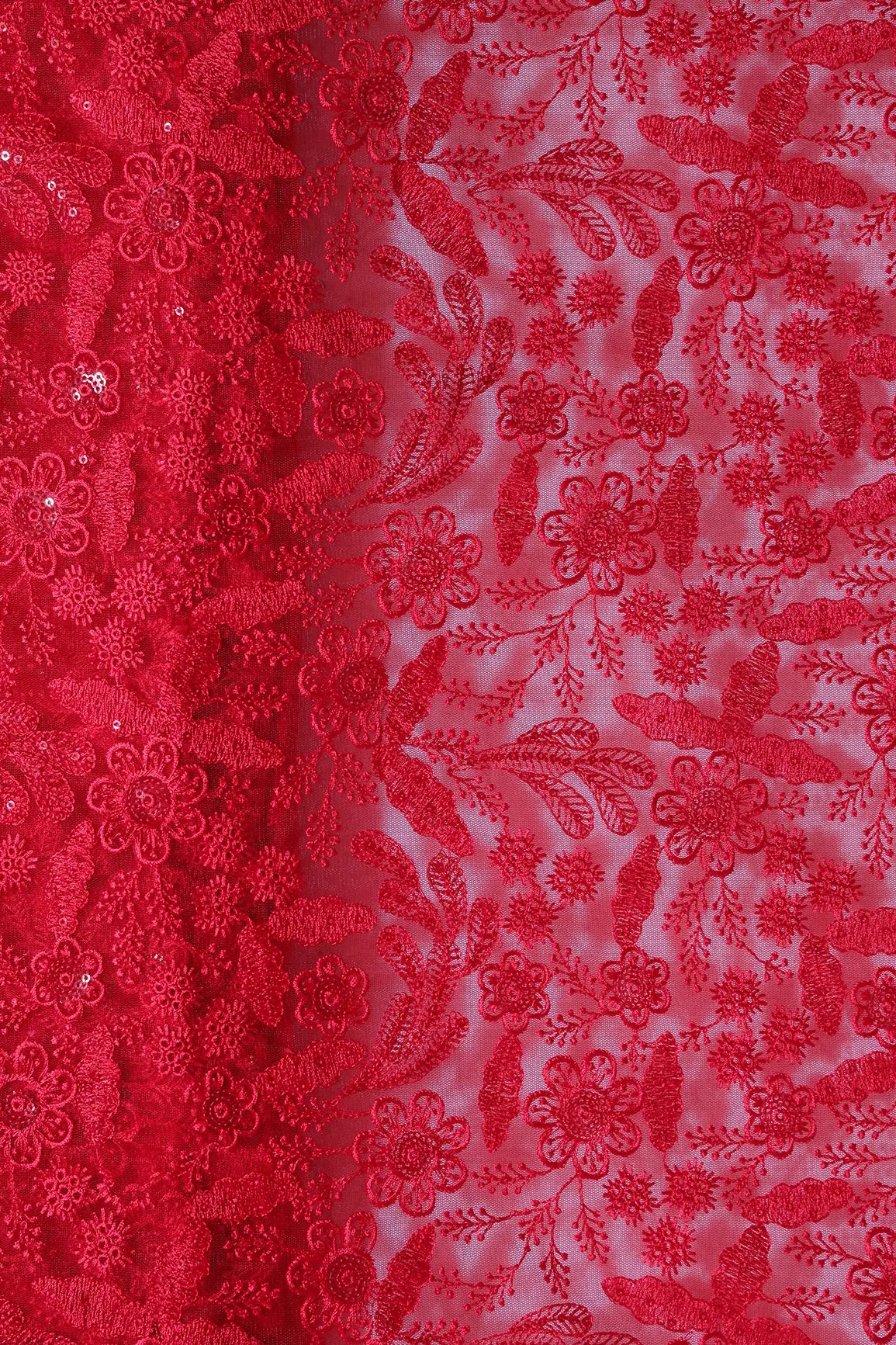 Red Thread With Sequins Floral Embroidery On Red Soft Net Fabric