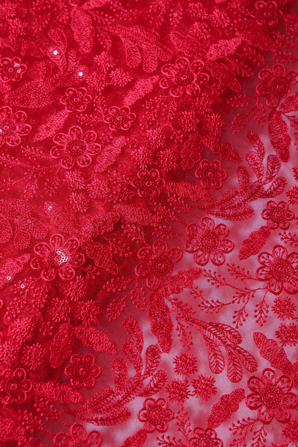 Red Thread With Sequins Floral Embroidery On Red Soft Net Fabric