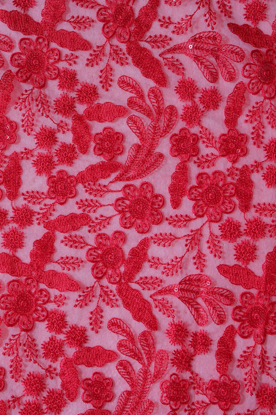 Red Thread With Sequins Floral Embroidery On Red Soft Net Fabric