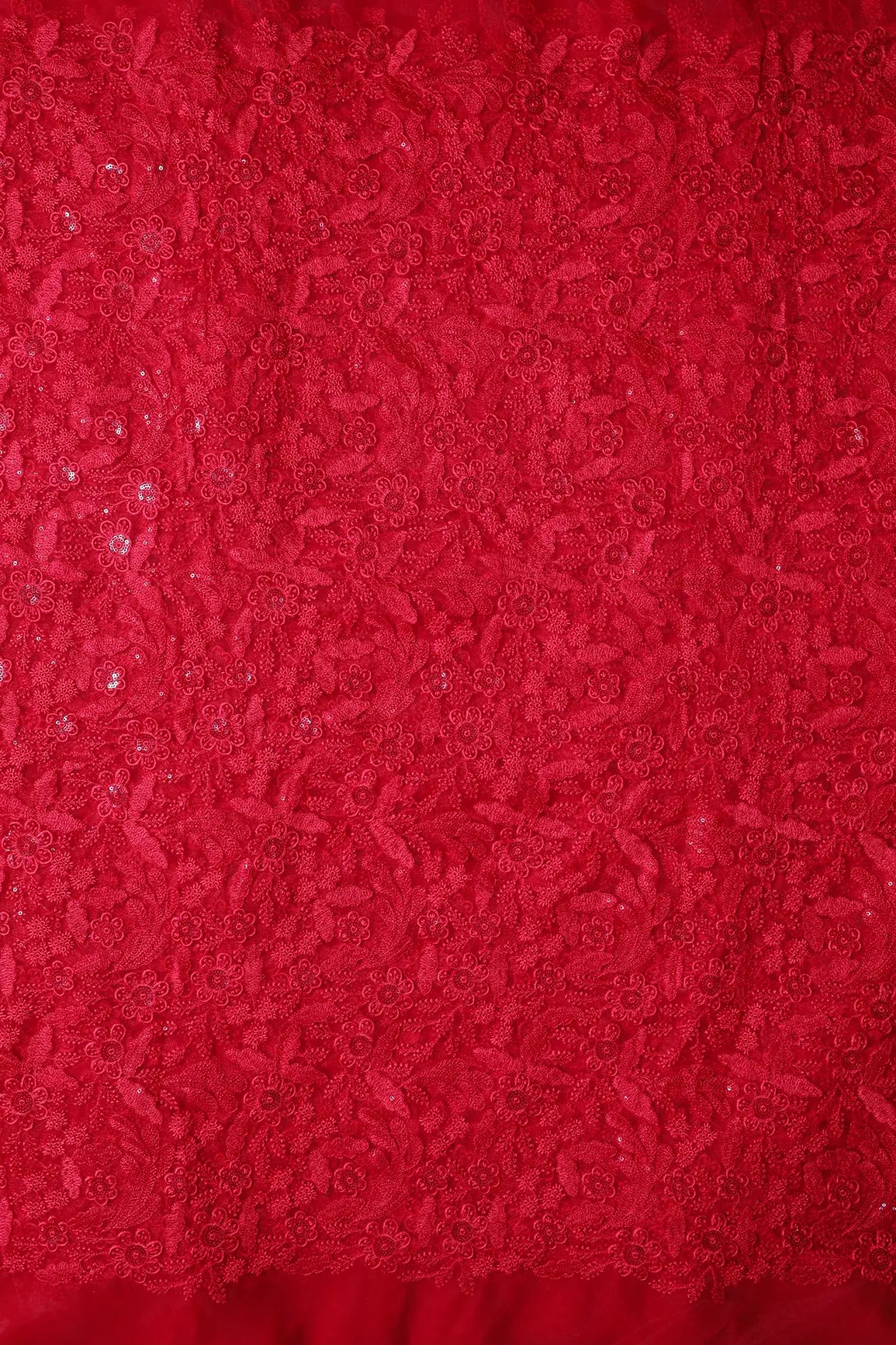 Red Thread With Sequins Floral Embroidery On Red Soft Net Fabric