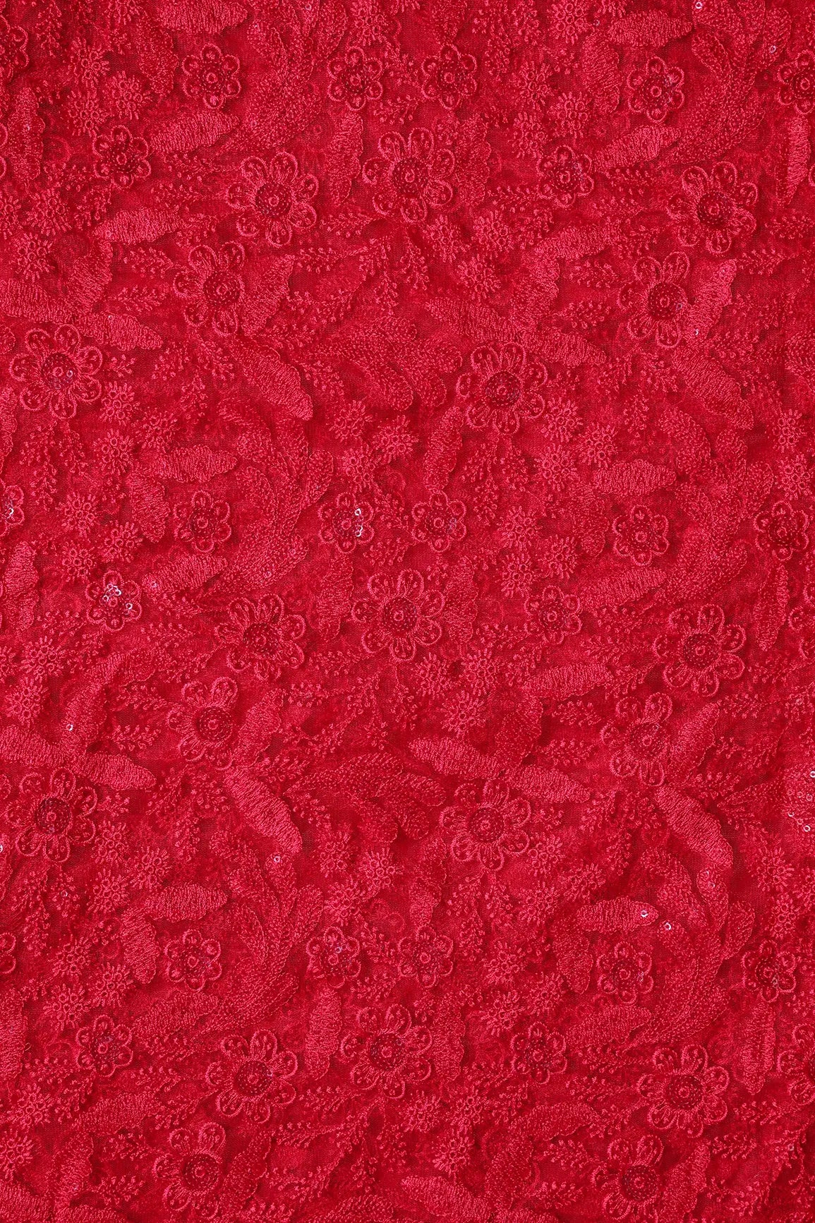 Red Thread With Sequins Floral Embroidery On Red Soft Net Fabric