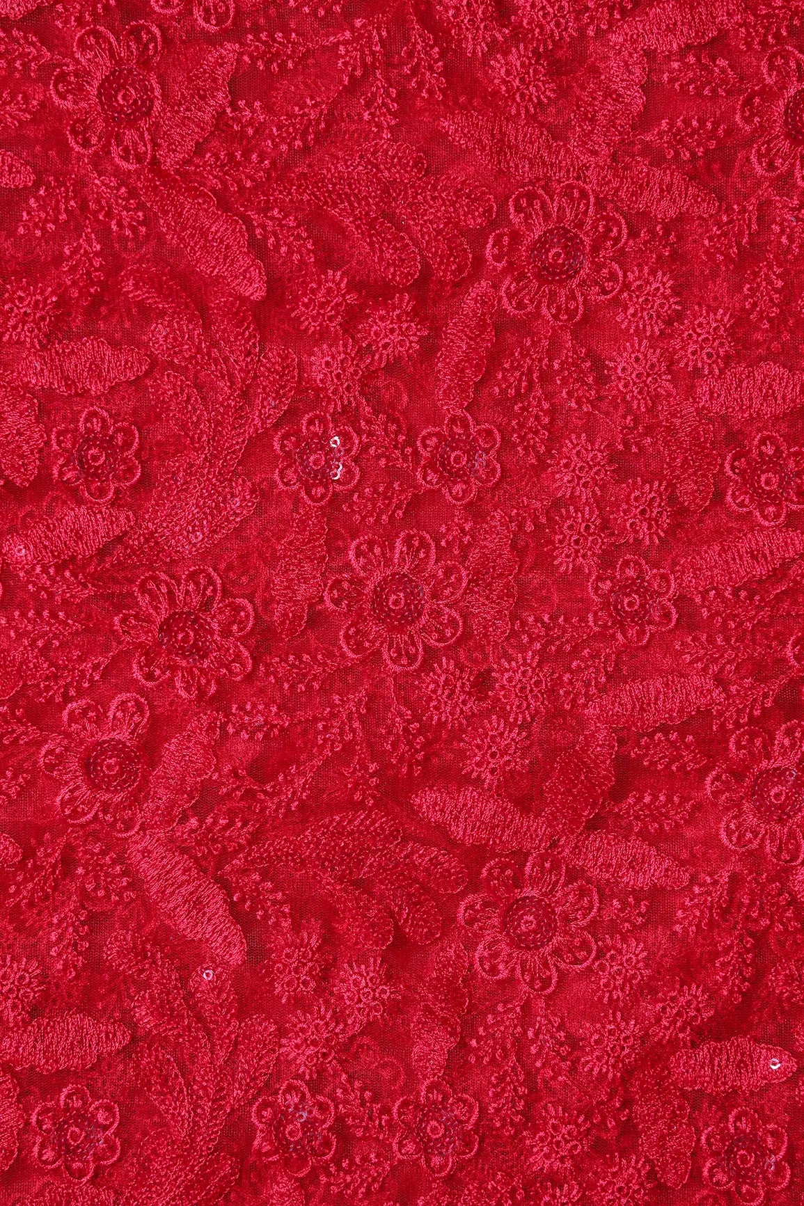 Red Thread With Sequins Floral Embroidery On Red Soft Net Fabric