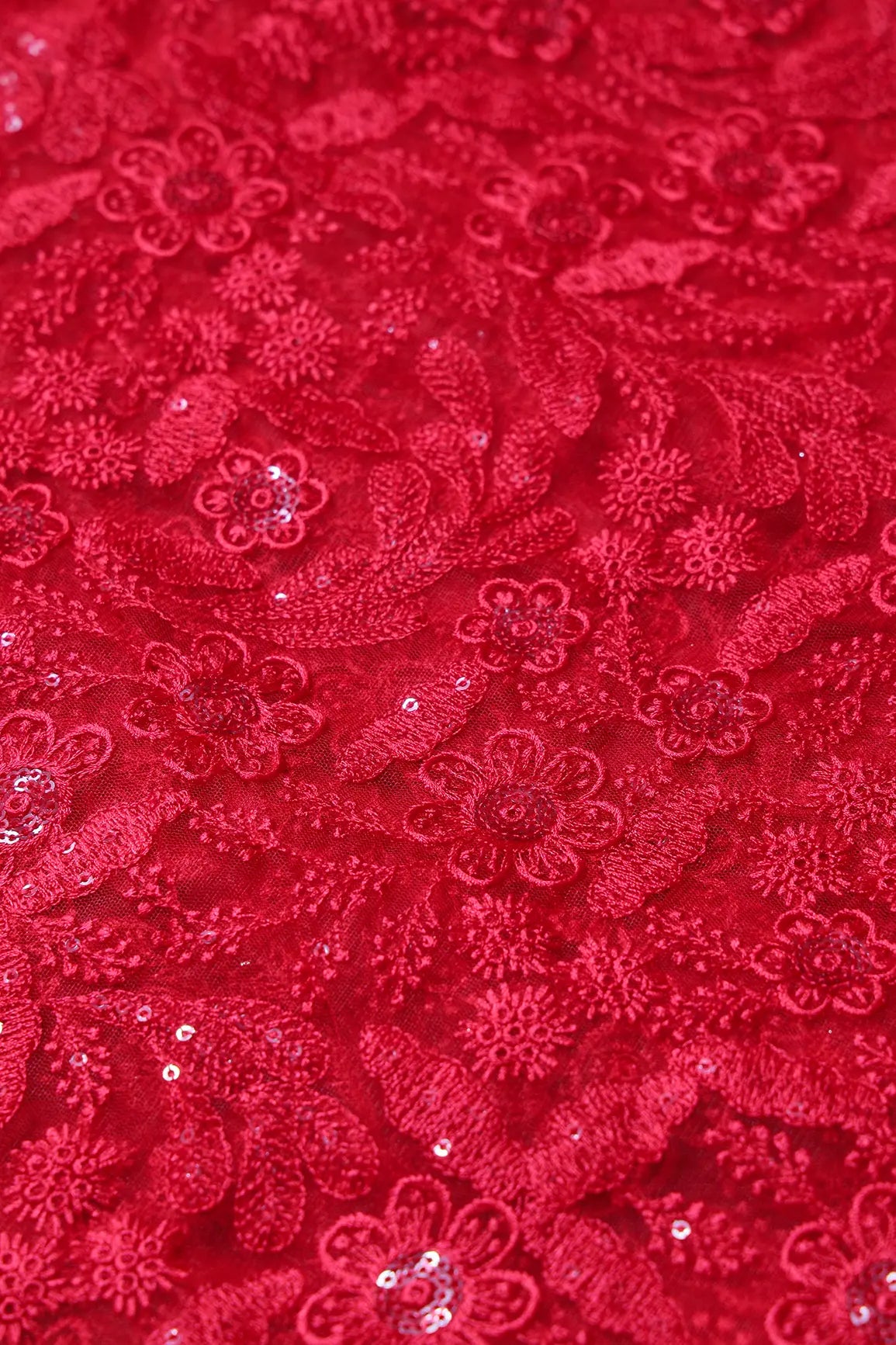 Red Thread With Sequins Floral Embroidery On Red Soft Net Fabric