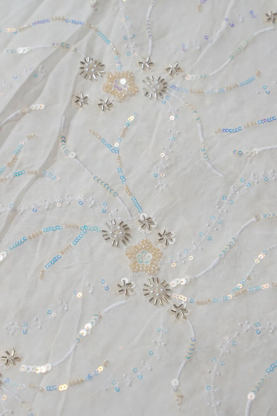 Beautiful Rainbow Sequins With Beads Floral Embroidery On White Viscose Georgette Fabric