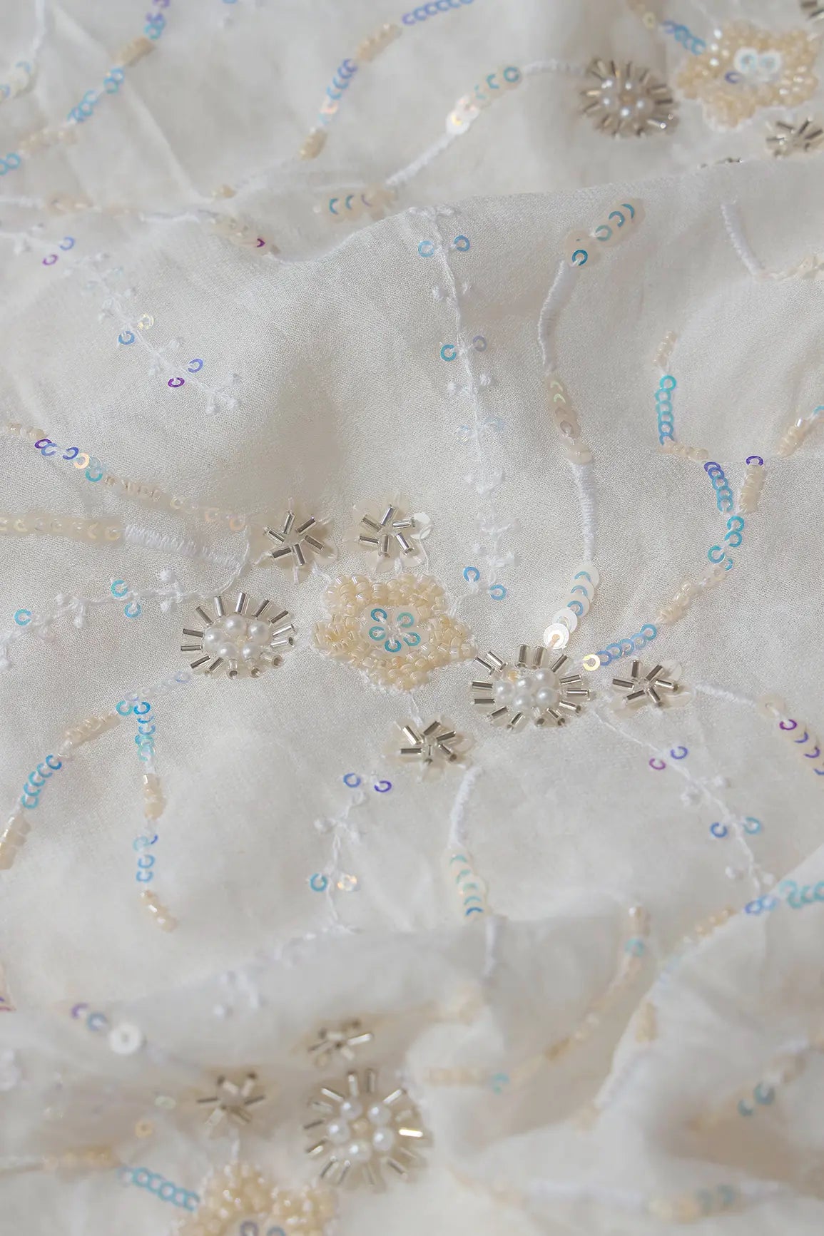 Beautiful Rainbow Sequins With Beads Floral Embroidery On White Viscose Georgette Fabric