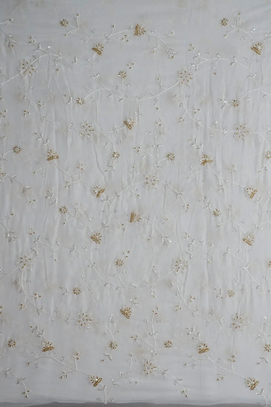 Beautiful Sequins With Beads Floral Embroidery On White Viscose Georgette Fabric