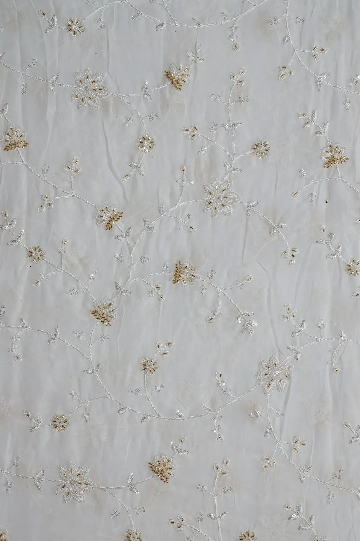 Beautiful Sequins With Beads Floral Embroidery On White Viscose Georgette Fabric