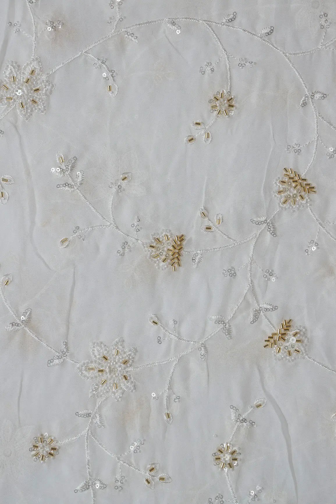 Beautiful Sequins With Beads Floral Embroidery On White Viscose Georgette Fabric