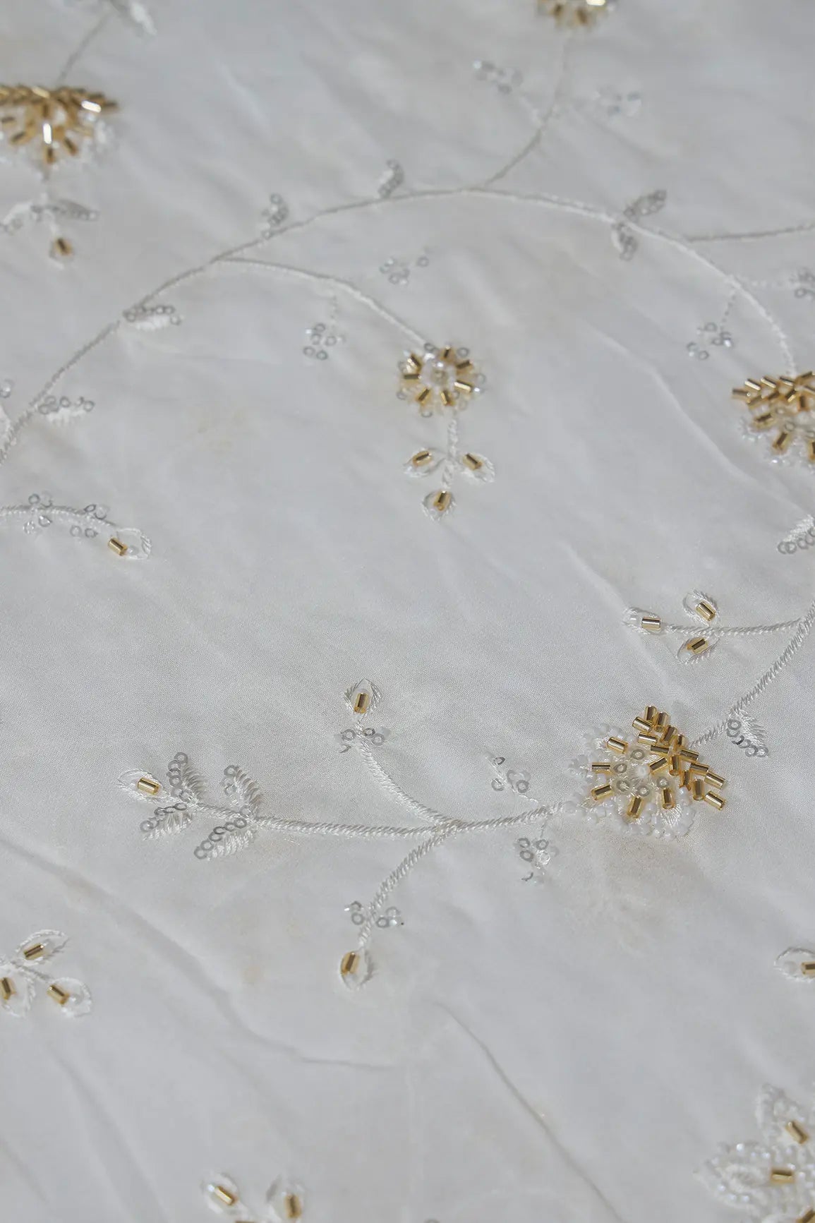 Beautiful Sequins With Beads Floral Embroidery On White Viscose Georgette Fabric