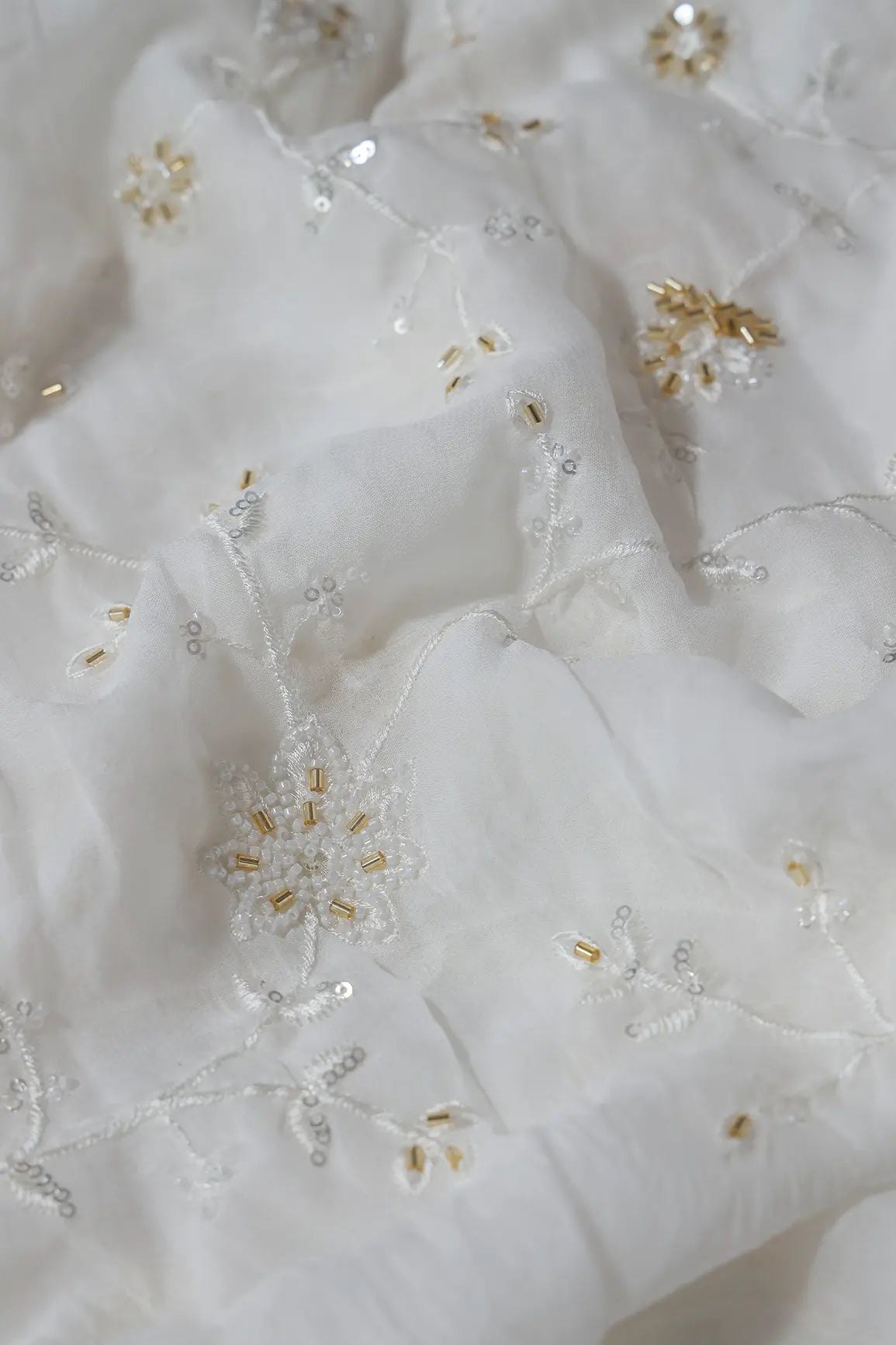 Beautiful Sequins With Beads Floral Embroidery On White Viscose Georgette Fabric