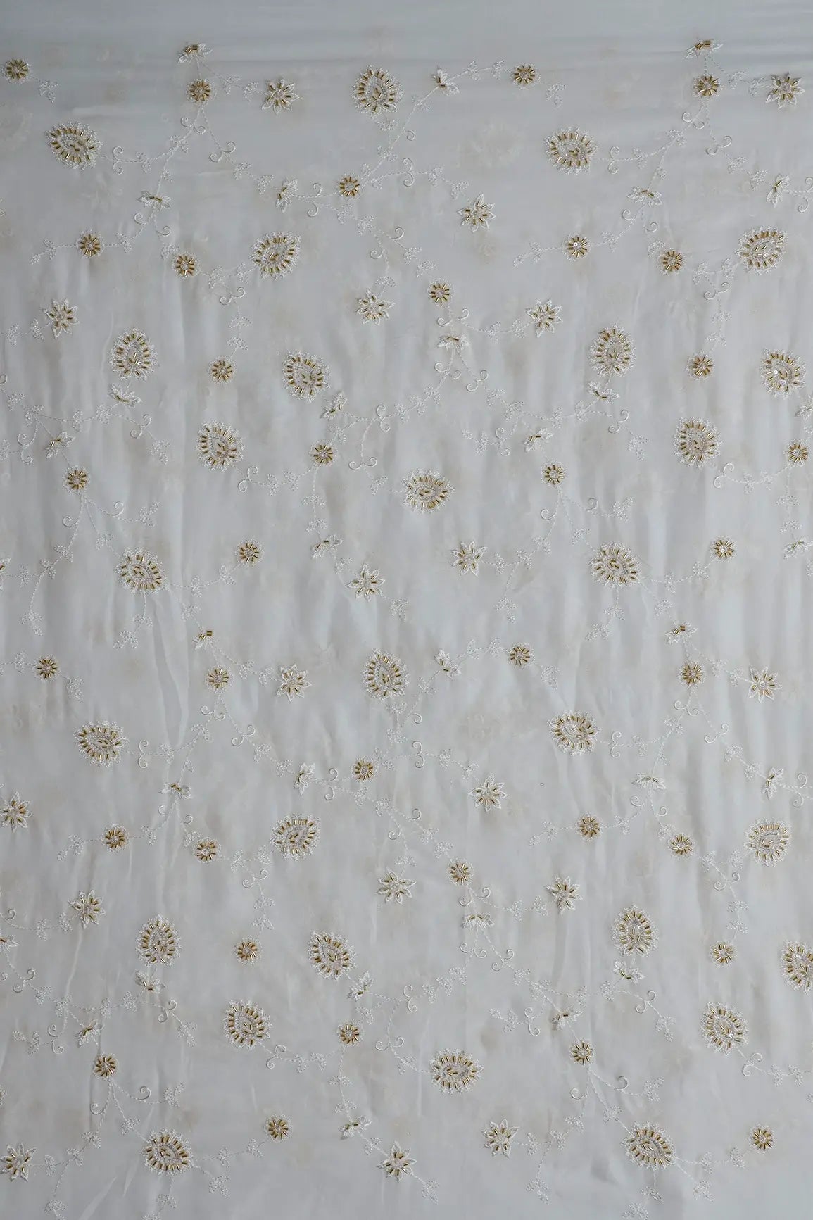 Beautiful Sequins With Beads Floral Embroidery On White Viscose Georgette Fabric