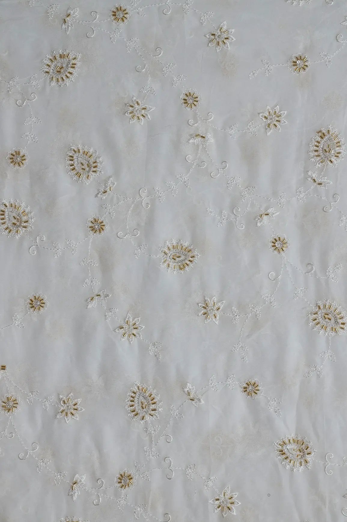 Beautiful Sequins With Beads Floral Embroidery On White Viscose Georgette Fabric