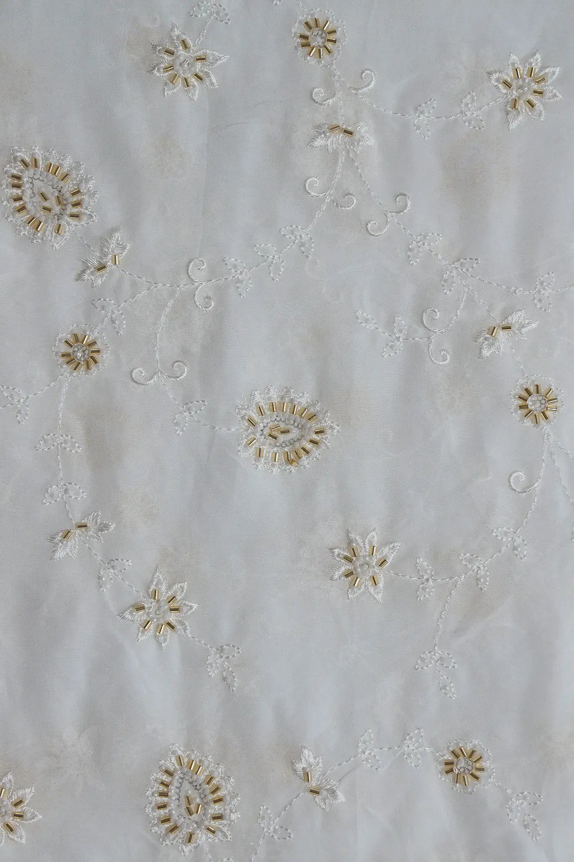 Beautiful Sequins With Beads Floral Embroidery On White Viscose Georgette Fabric