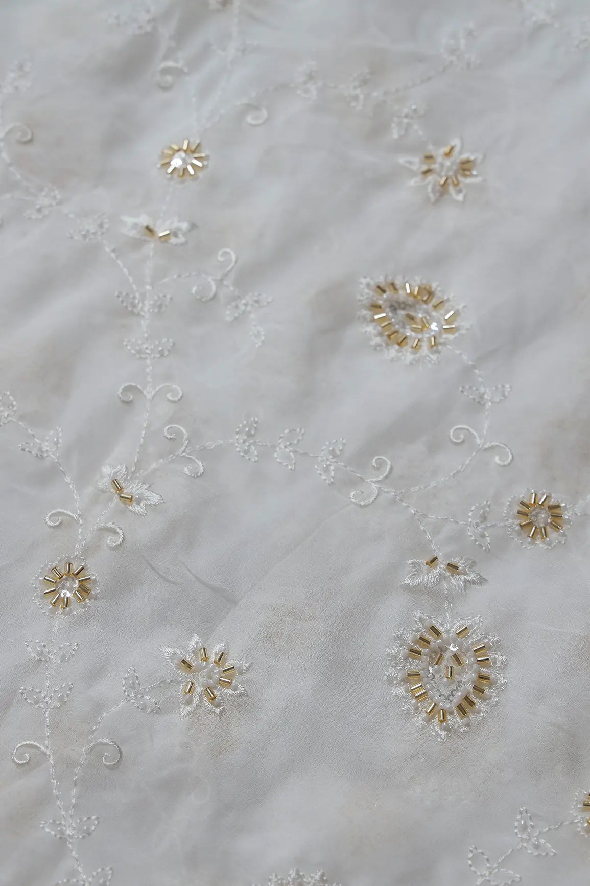 Beautiful Sequins With Beads Floral Embroidery On White Viscose Georgette Fabric