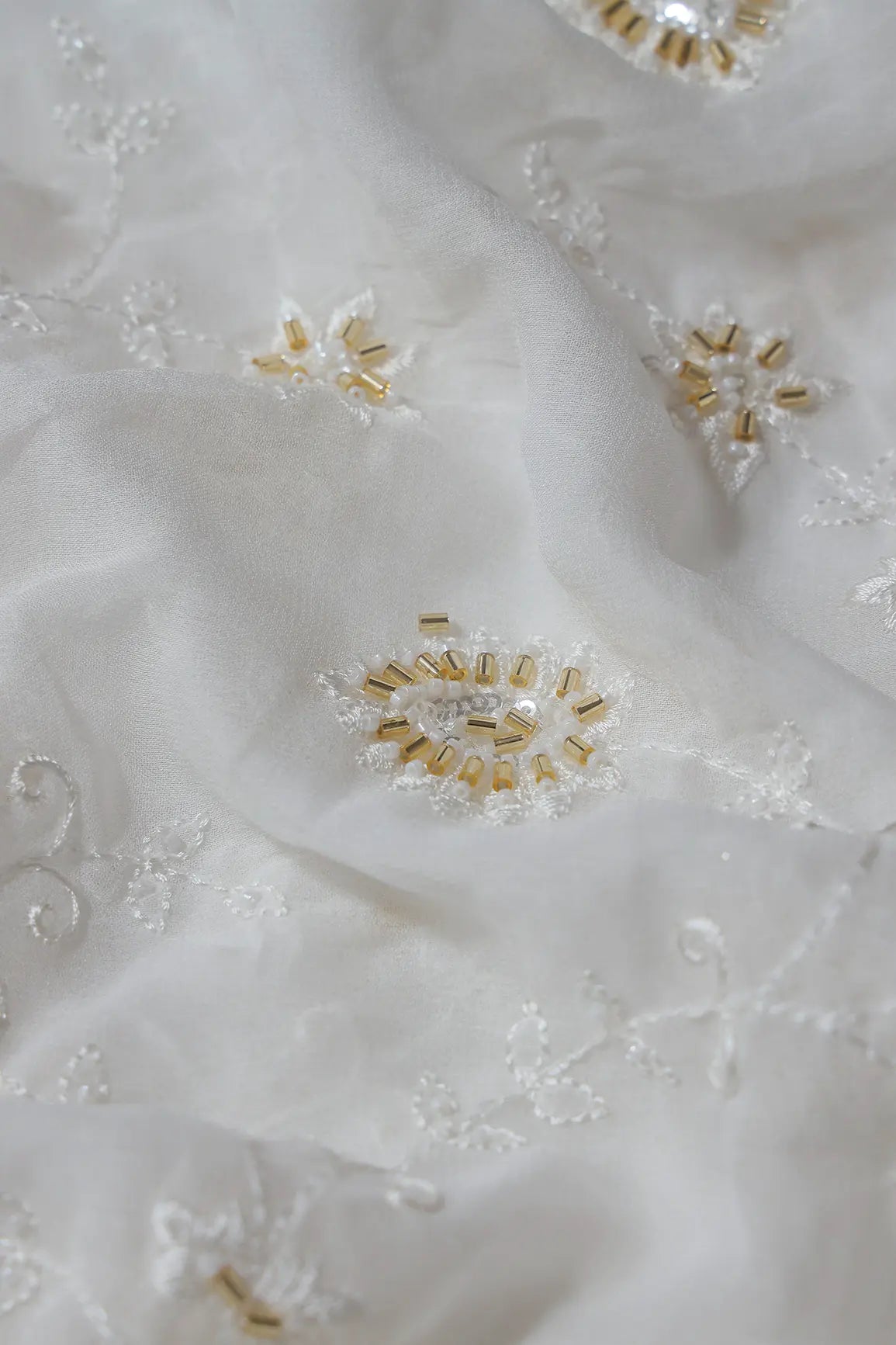 Beautiful Sequins With Beads Floral Embroidery On White Viscose Georgette Fabric