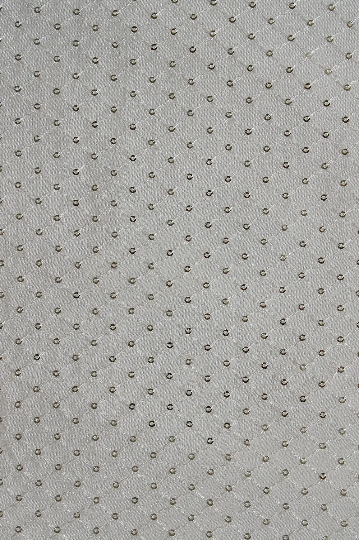 Small Check Gold Sequins Embroidery Work On White Dyeable Chinnon Chiffon Fabric