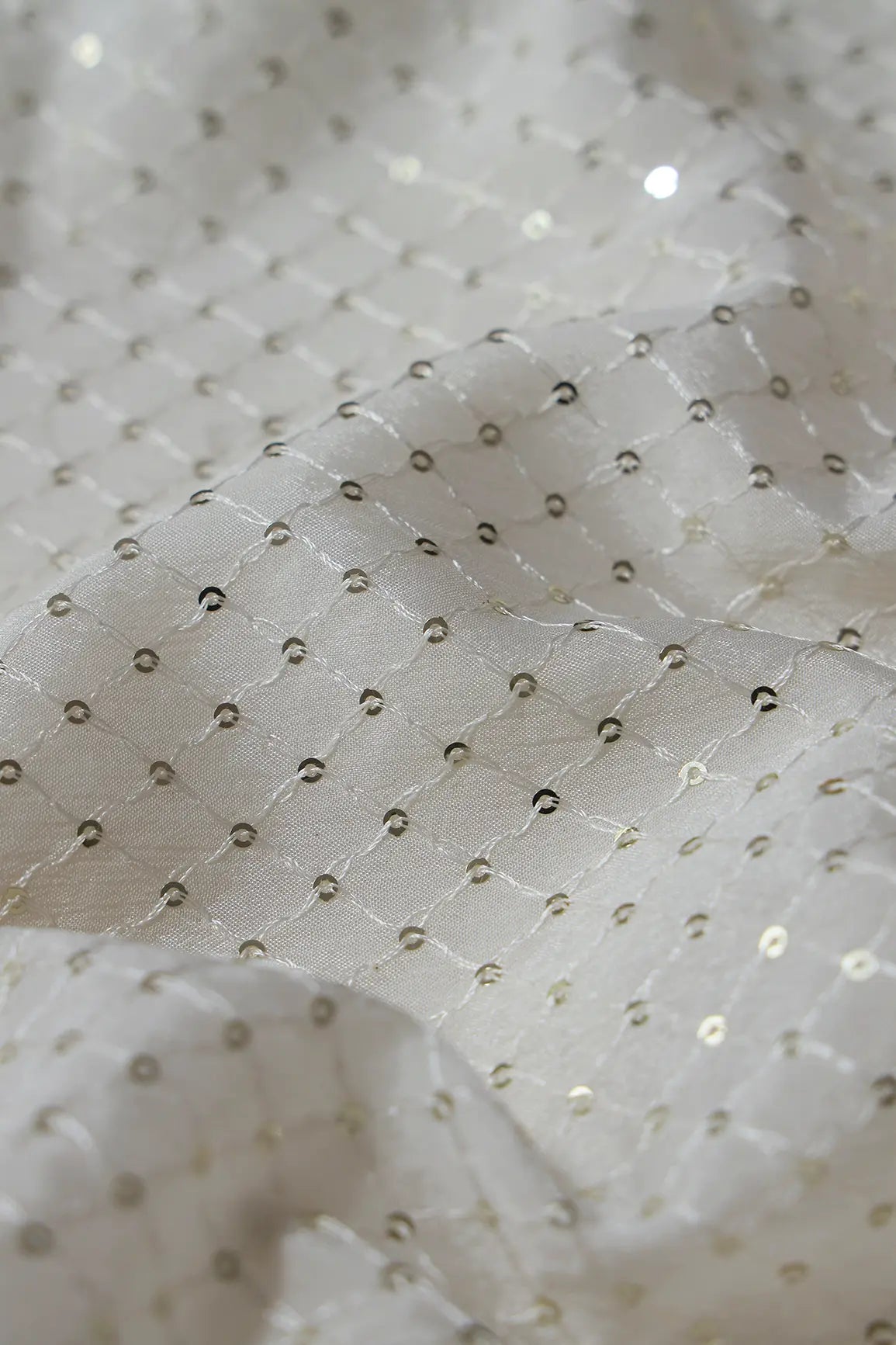 Small Check Gold Sequins Embroidery Work On White Dyeable Chinnon Chiffon Fabric