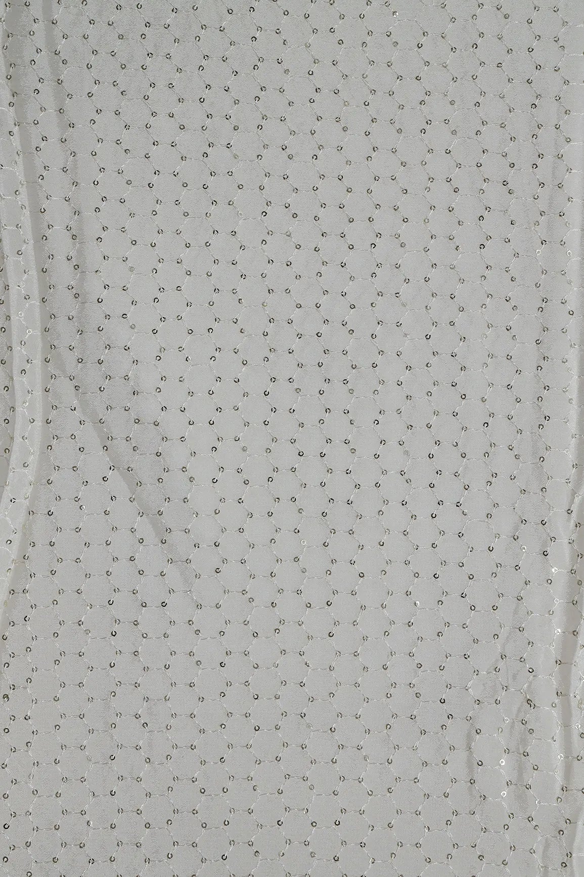 Small Trellis Gold Sequins Embroidery Work On White Dyeable Chinnon Chiffon Fabric