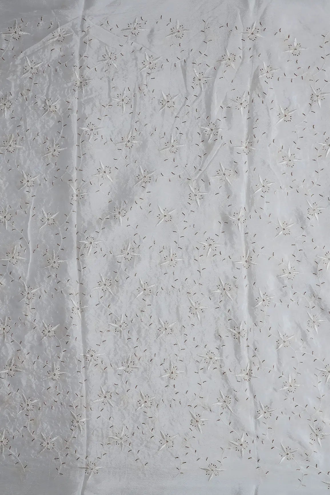 White Thread With Beads Floral Embroidery Work On White Dyeable Chinnon Chiffon Fabric