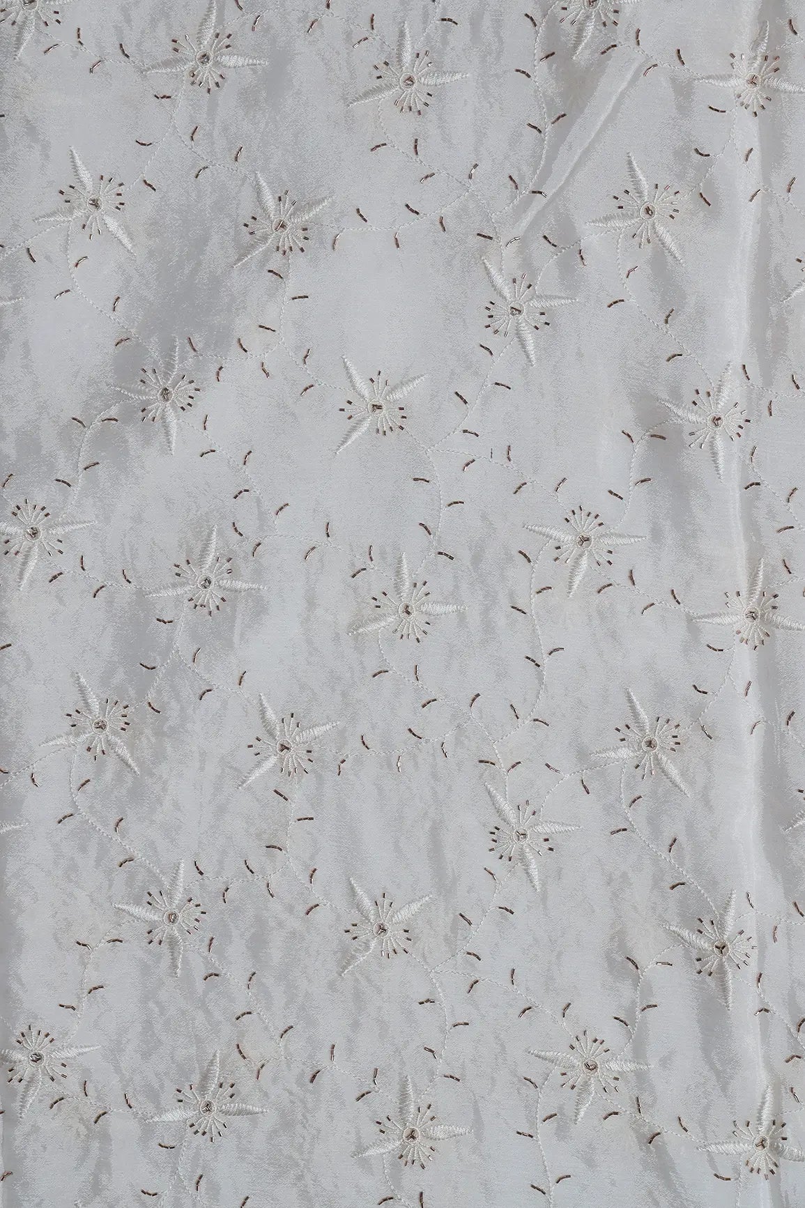 White Thread With Beads Floral Embroidery Work On White Dyeable Chinnon Chiffon Fabric