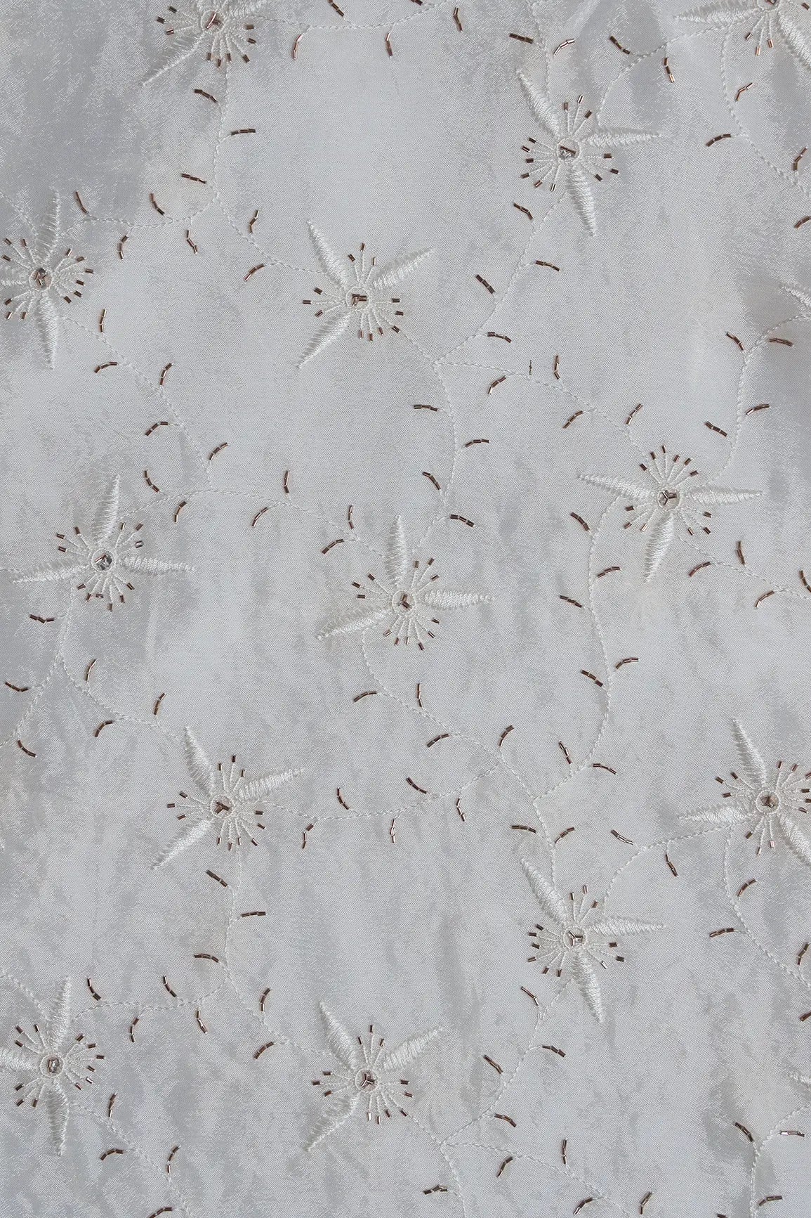 White Thread With Beads Floral Embroidery Work On White Dyeable Chinnon Chiffon Fabric