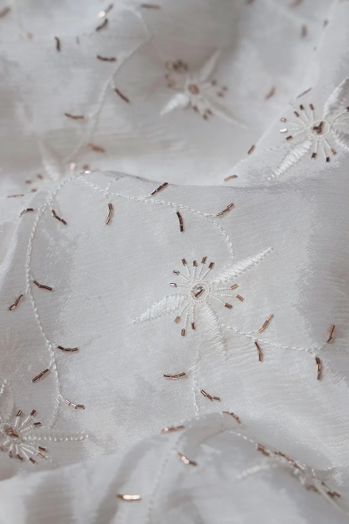 White Thread With Beads Floral Embroidery Work On White Dyeable Chinnon Chiffon Fabric