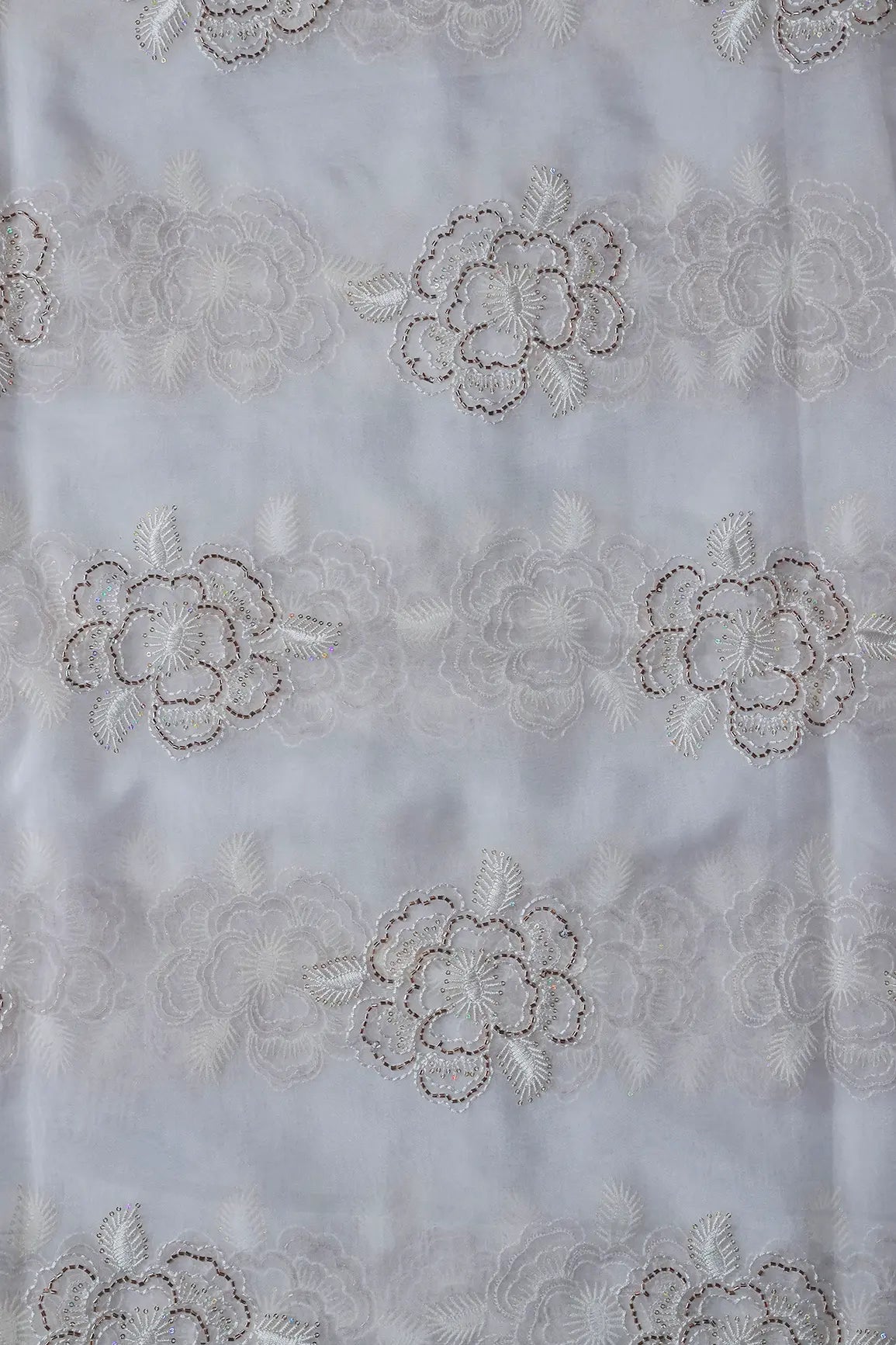 Small Sequins With Beads And Thread Work Floral Embroidery On Dyeable White Organza Fabric