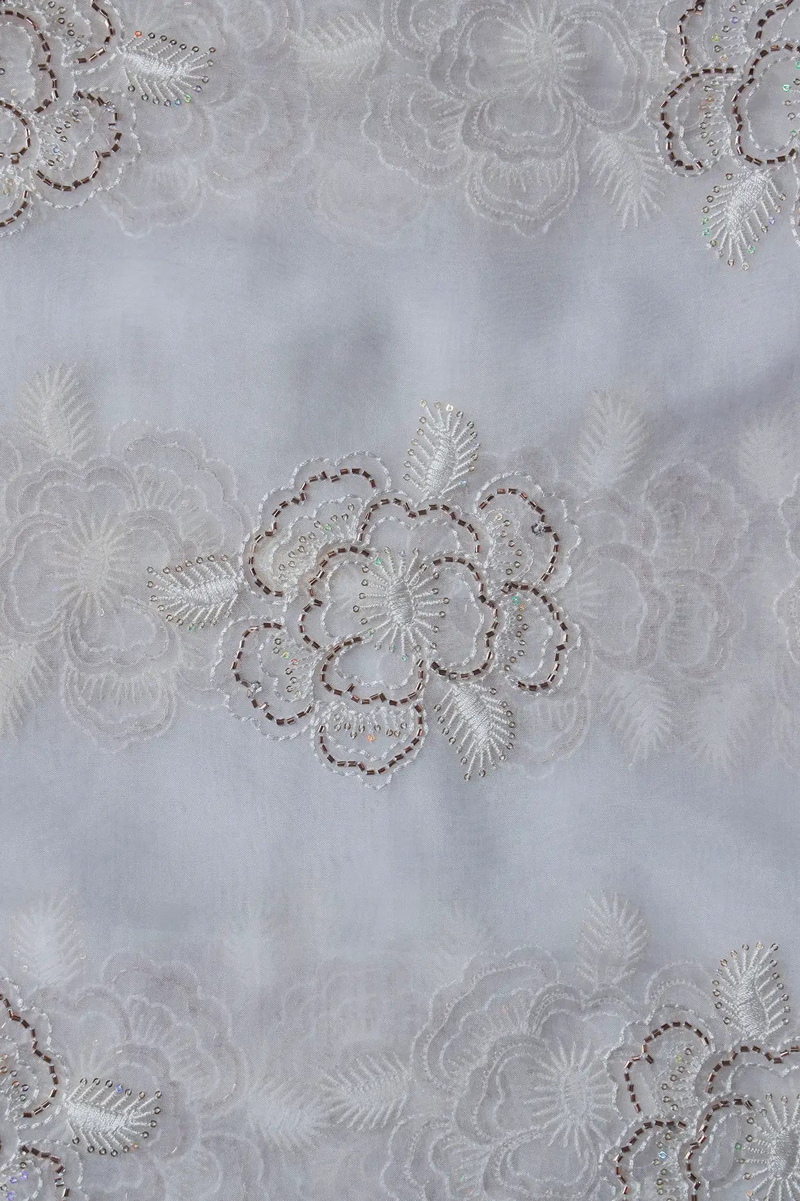 Small Sequins With Beads And Thread Work Floral Embroidery On Dyeable White Organza Fabric