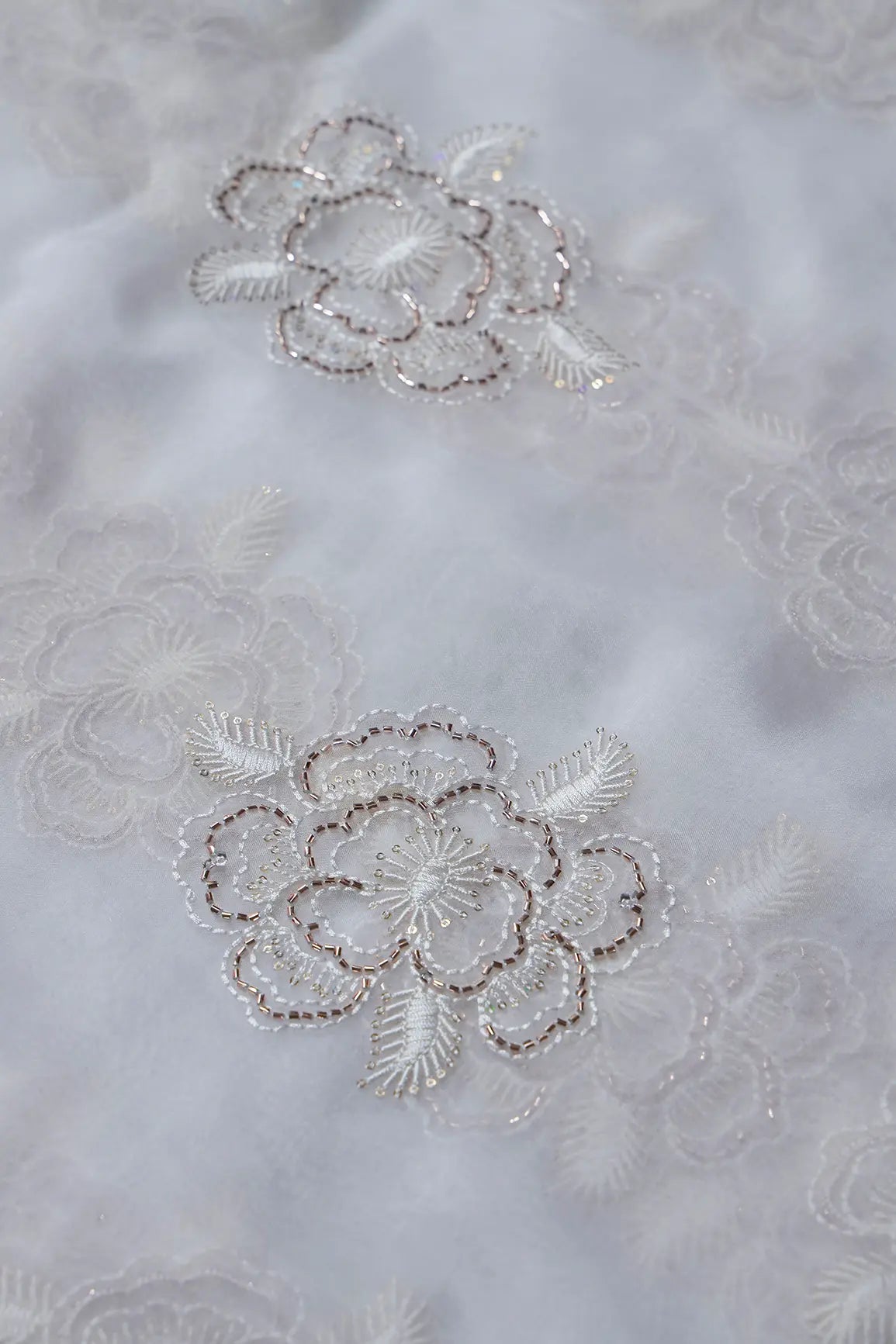 Small Sequins With Beads And Thread Work Floral Embroidery On Dyeable White Organza Fabric