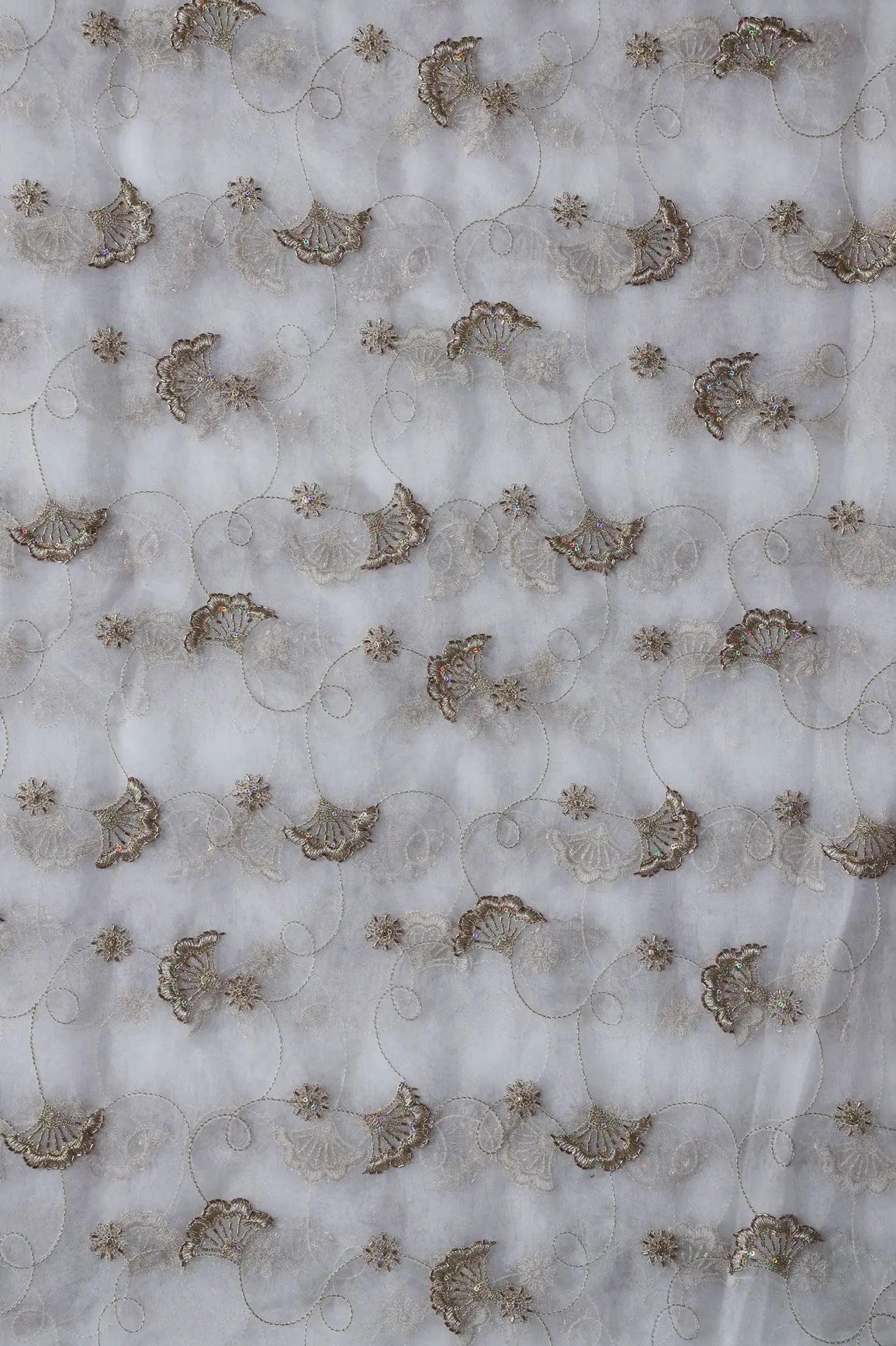 Gold Zari With Beads Beautiful Floral Embroidery On Dyeable White Organza Fabric