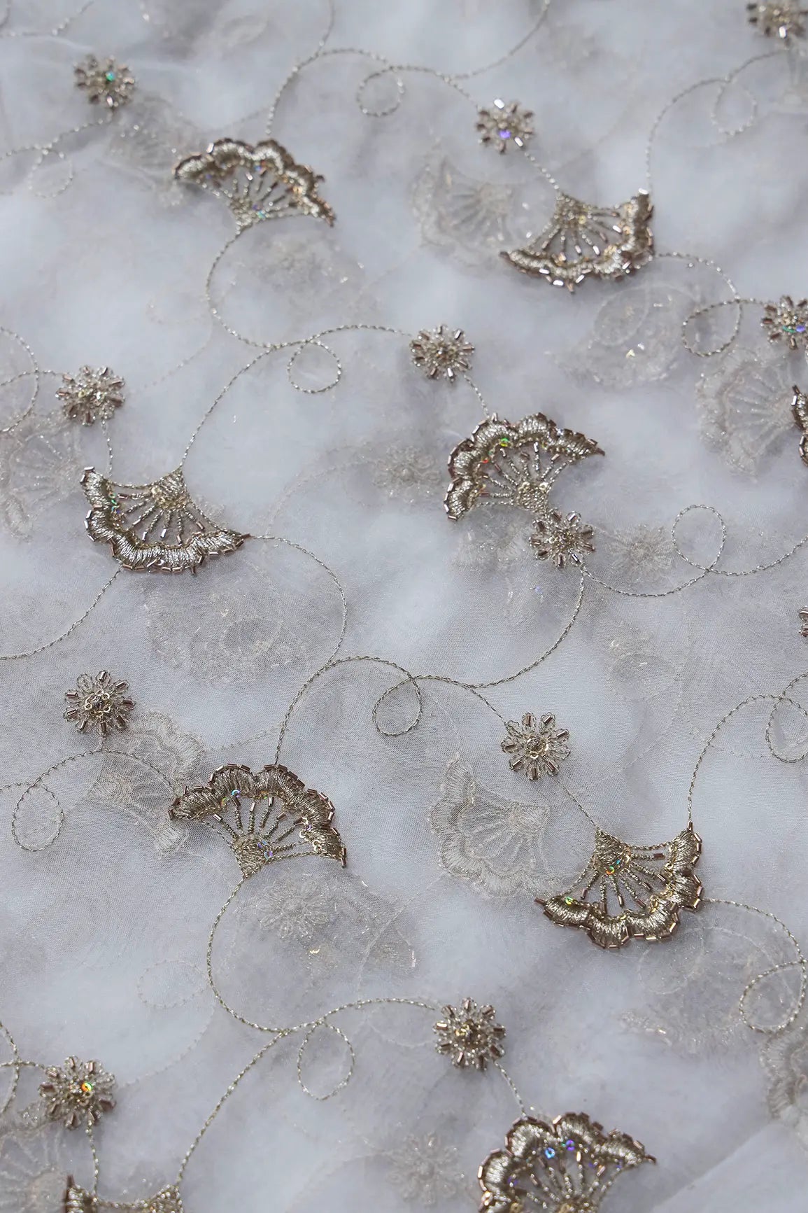 Gold Zari With Beads Beautiful Floral Embroidery On Dyeable White Organza Fabric