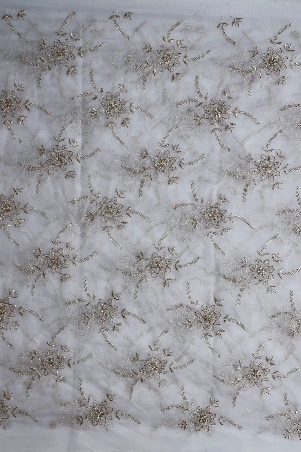 Gold Zari With Beads Floral Embroidery On Dyeable White Organza Fabric