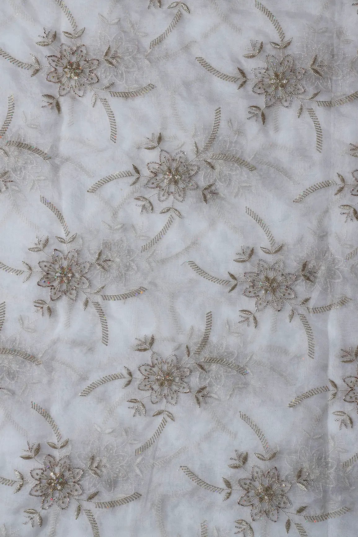 Gold Zari With Beads Floral Embroidery On Dyeable White Organza Fabric