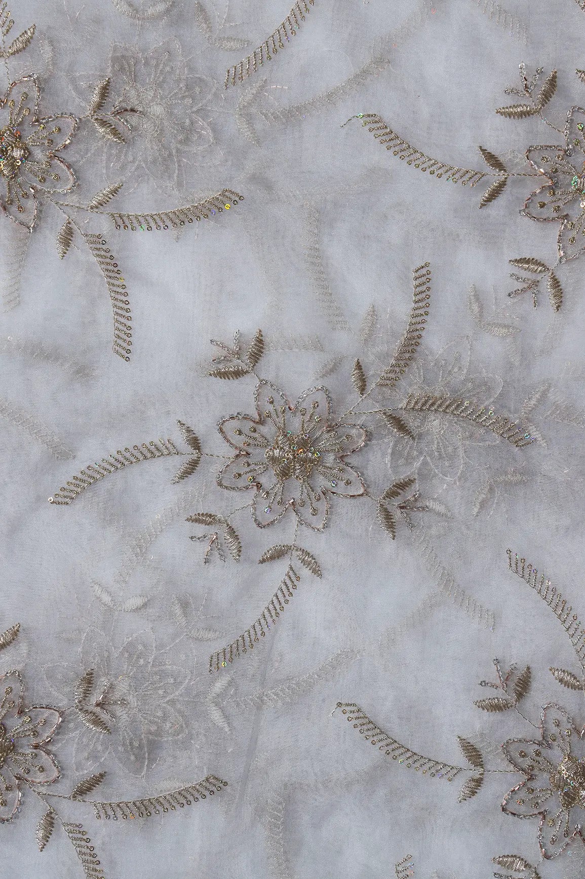 Gold Zari With Beads Floral Embroidery On Dyeable White Organza Fabric