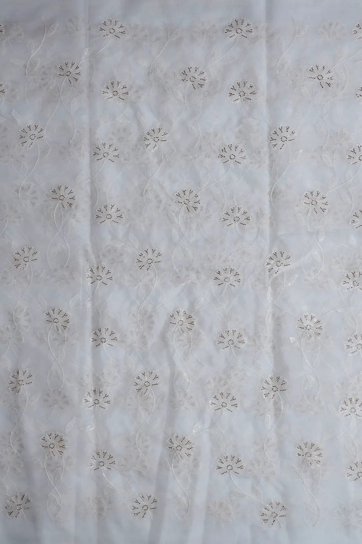 White Thread With Beads Floral Embroidery On Dyeable White Organza Fabric