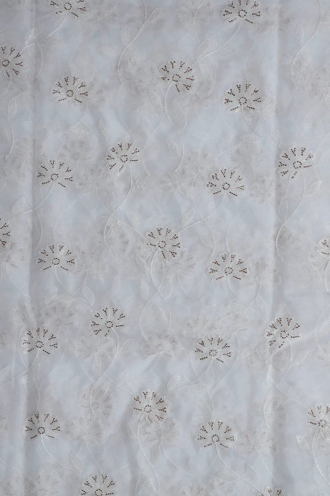 White Thread With Beads Floral Embroidery On Dyeable White Organza Fabric