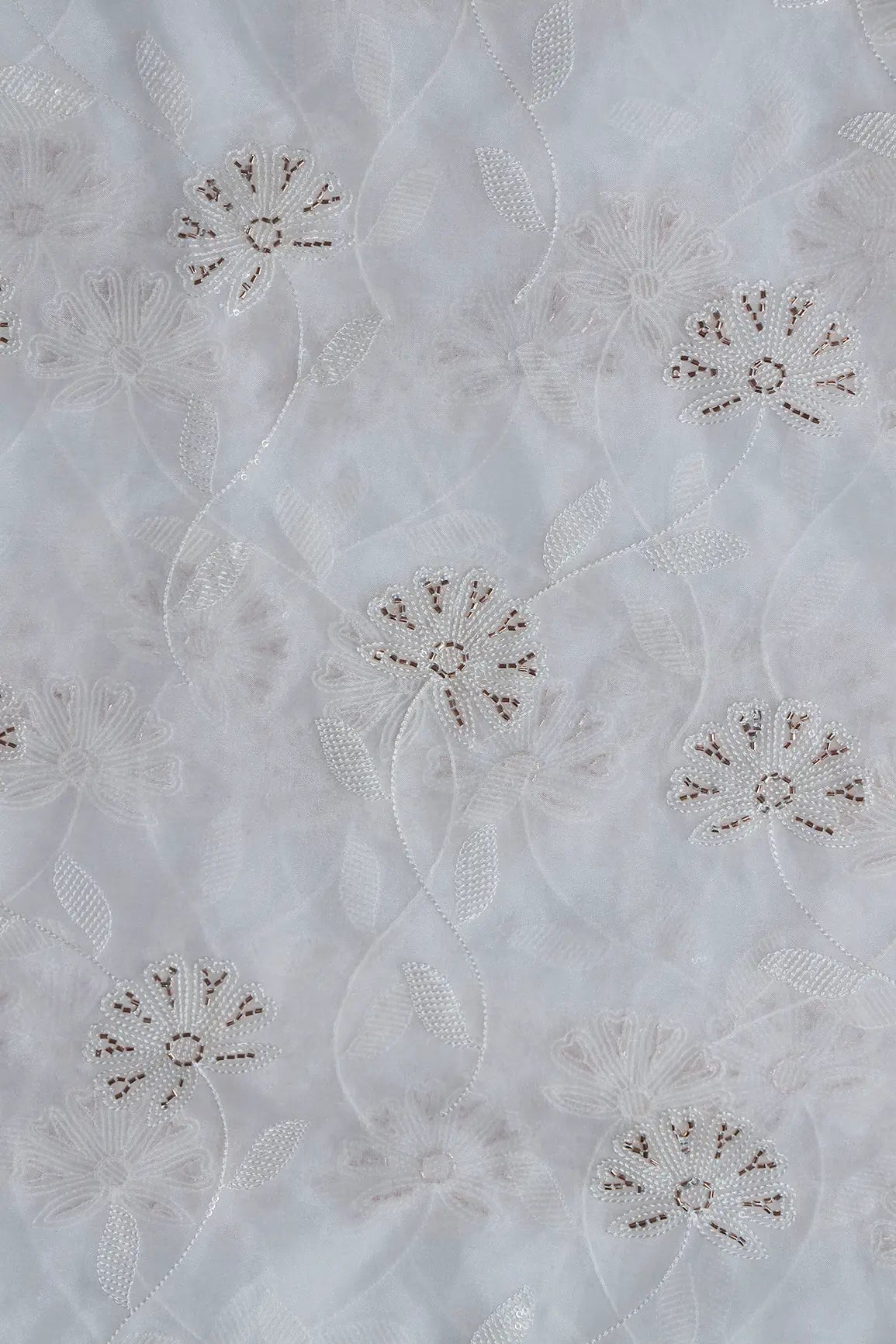 White Thread With Beads Floral Embroidery On Dyeable White Organza Fabric