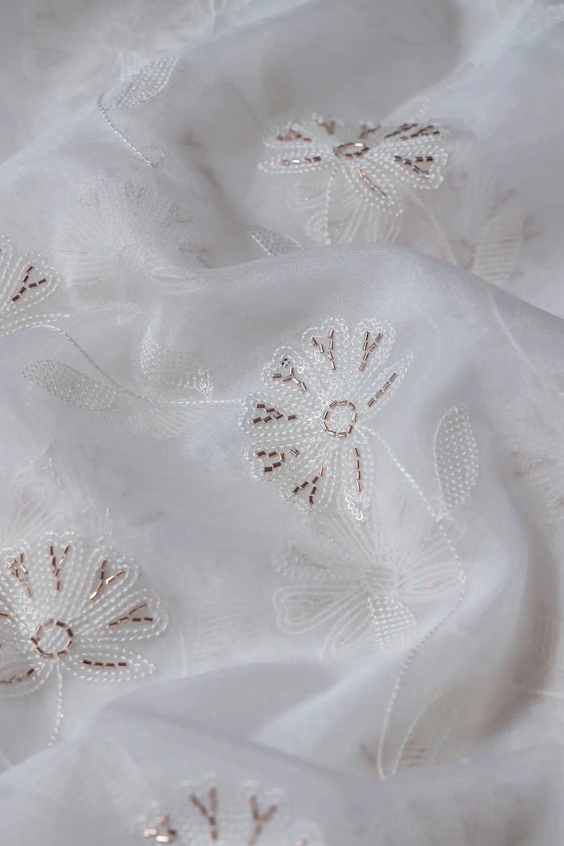 White Thread With Beads Floral Embroidery On Dyeable White Organza Fabric