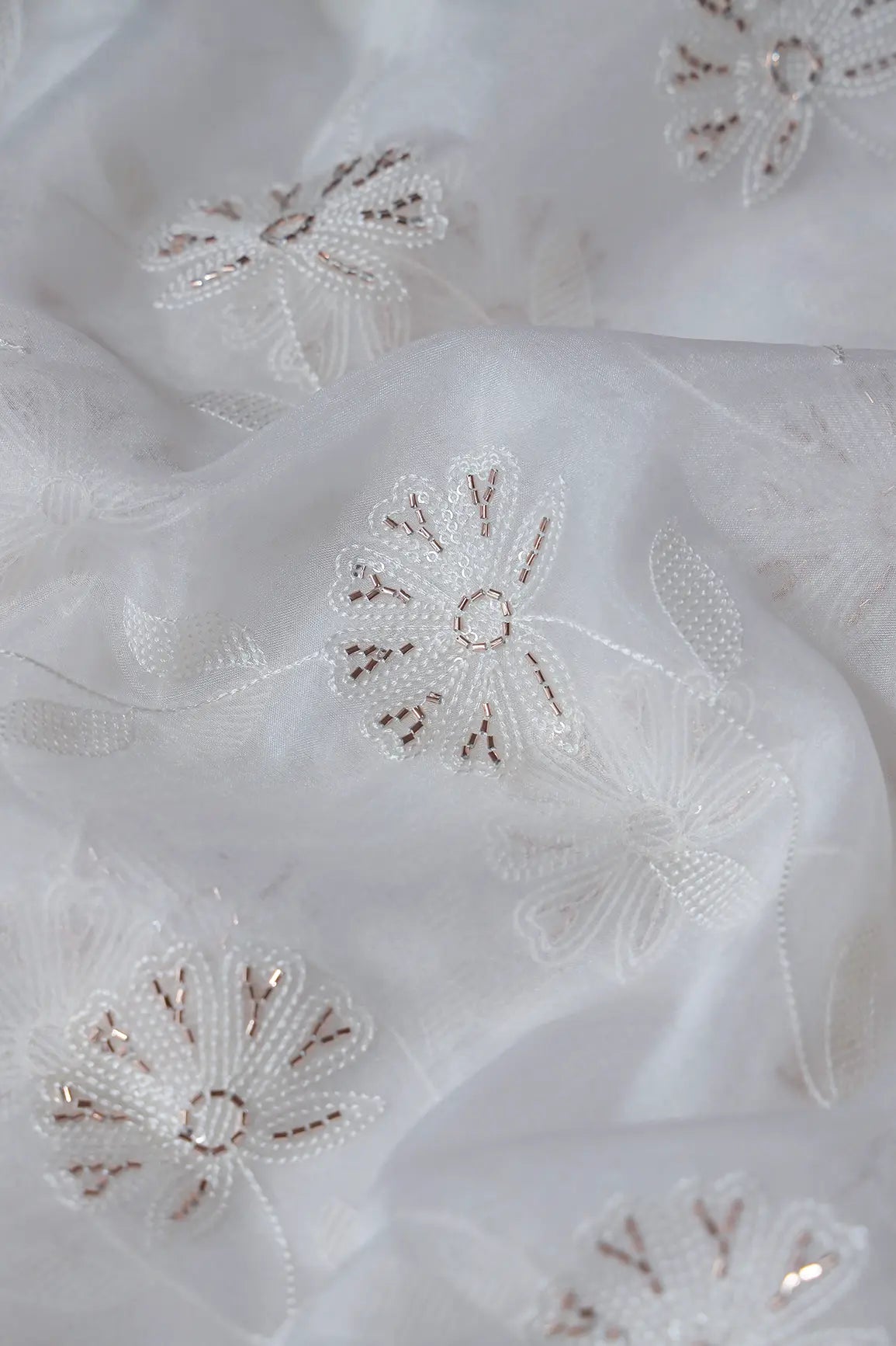 White Thread With Beads Floral Embroidery On Dyeable White Organza Fabric