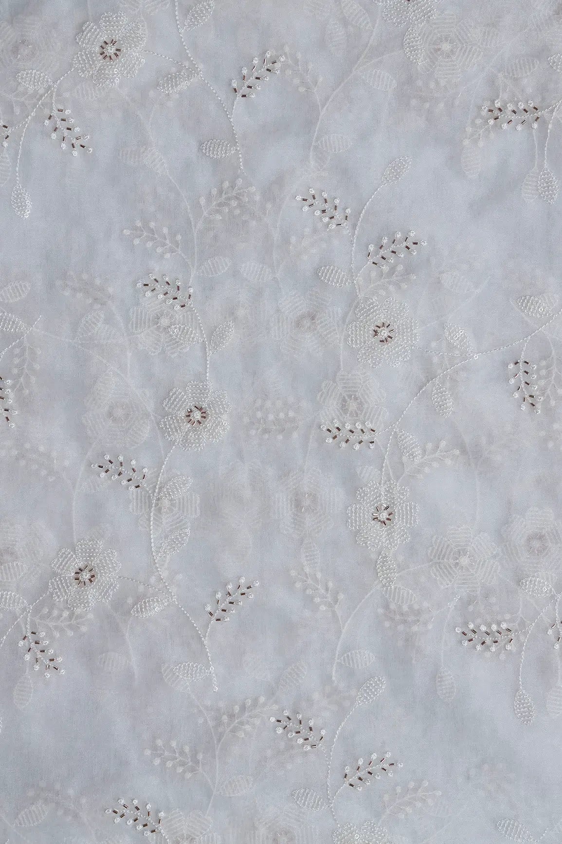 White Thread With Beads Leafy Embroidery On Dyeable White Organza Fabric