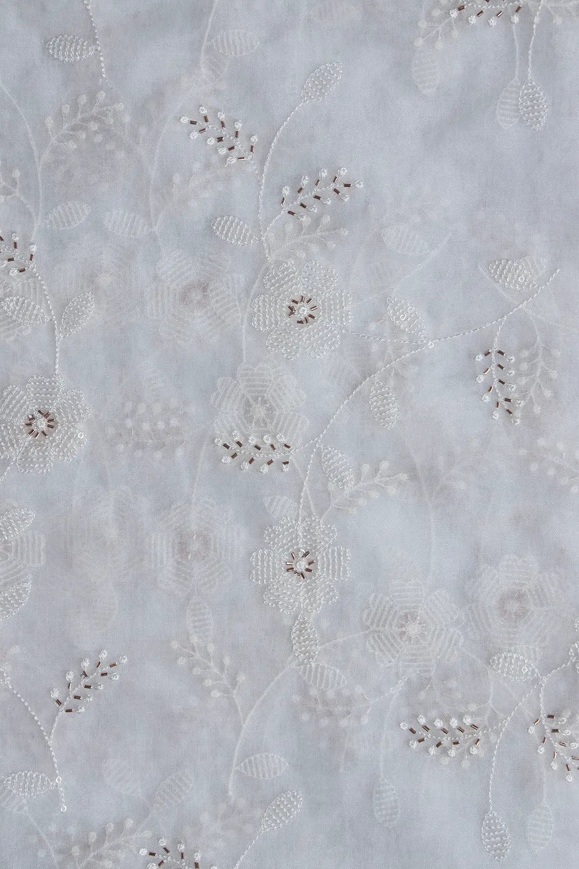 White Thread With Beads Leafy Embroidery On Dyeable White Organza Fabric